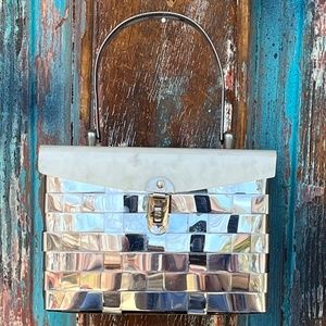 Vintage Lucite Plastic Silver Chrome Basket Weave Basketweave Box Purse 1950's